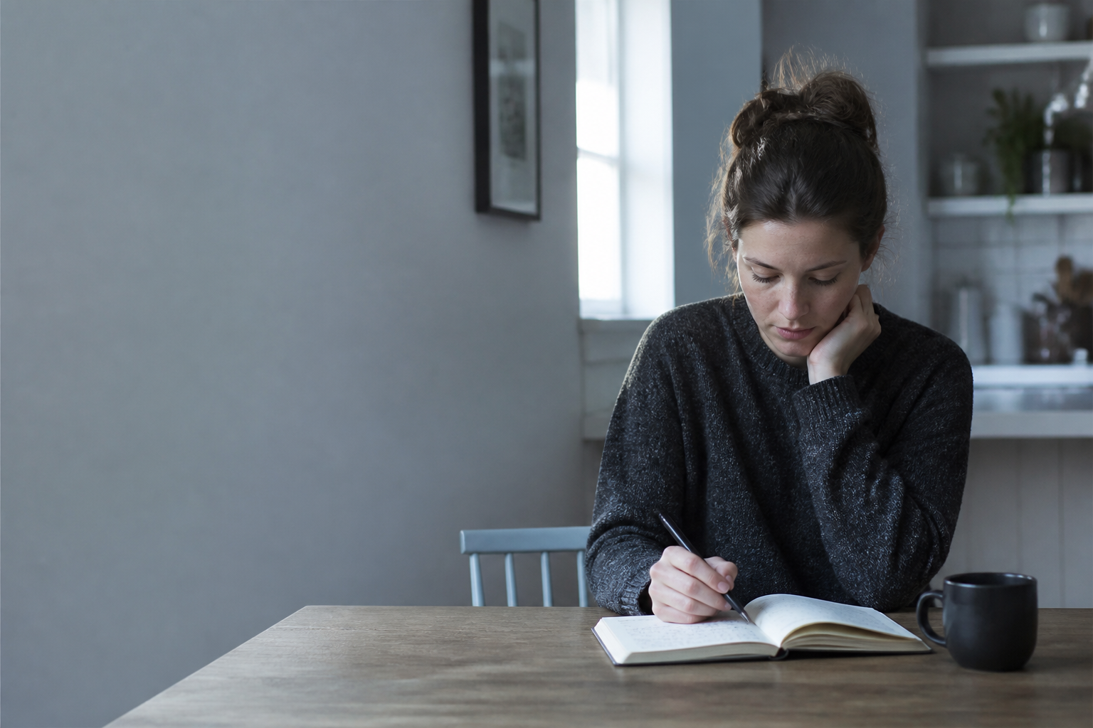 Pensive woman in natural window light, calm and composed — not sad
